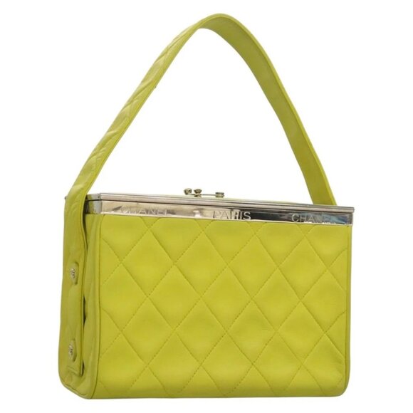 CHANEL Matelasse Hand Bag Lamb Skin Silver Yellow Green CC Auth 132923V - Picture 1 of 14